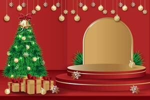 podio o ventas estar con un Navidad celebracion tema en un rojo antecedentes vector