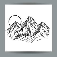 mountain view illustration design template, with a black outline hand drawn style vector