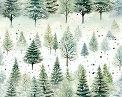 Watercolor Winter Trees Pattern. Elegant Seasonal Background for Holiday Decor and Christmas Cards. photo