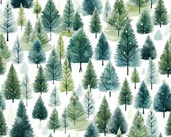 Watercolor Winter Trees Pattern. Elegant Seasonal Background for Holiday Decor and Christmas Cards. photo