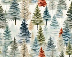 Watercolor Winter Trees Pattern. Elegant Seasonal Background for Holiday Decor and Christmas Cards. photo