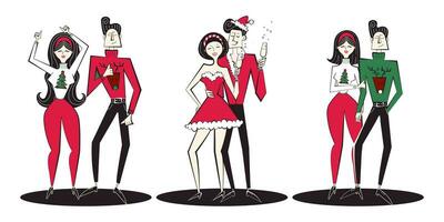 Christmas set of three dancing couple characters in retro style. Vector illustration of disco dancers.