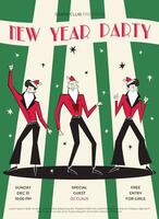Night club retro New Year party invitation. 60s - 70s disco style Christmas poster with three dancing Santa Clauses. vector