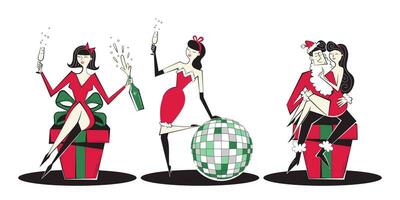 Christmas set of three people illustration in retro style. Vector illustration of woman on gift, woman with disco ball and champagne and Santa and woman in red dress.