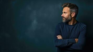 Introverted leader in contemplative pose moody indigo study background with empty space for text photo