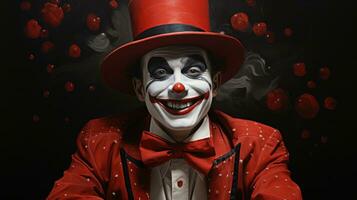 Classic clown portraiture rich in jovial red mysterious black and pristine white photo