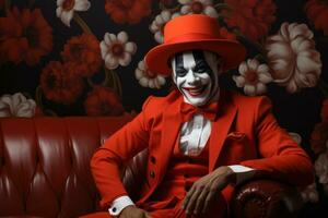 Classic clown portraiture rich in jovial red mysterious black and pristine white photo