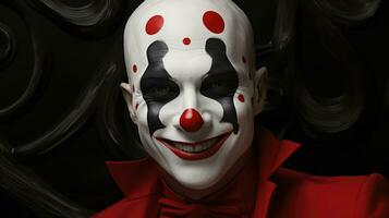 Classic clown portraiture rich in jovial red mysterious black and pristine white photo