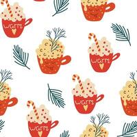 New year Seamless Pattern with a hot drink. Hot chocolate, cookies, cinnamon, marshmallows. Hand drawn pattern. Christmas texture for print, wrapping paper, design, fabric, decor, gift. vector