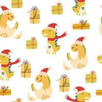Christmas pattern with dinosaurs and gifts. Holiday print. Vector cartoon seamless pattern for wrapping paper and scrapbooking