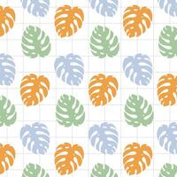 Seamless pattern with monstera leaves and grid lines. Vector illustration