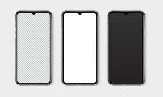 Realistic smartphone mockup set. Mobile phone blank, white, transparent screen design mock up. Isolated vector illustration