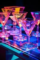 Translucent geometrical display with wine glasses and refractive light beams captured in a palette of sapphire blue geometric green and prism pink photo