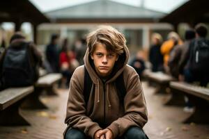 Teenager isolated displaying sadness amidst lively school surroundings photo