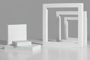 Podium for product presentation of square platforms and frames on gray photo