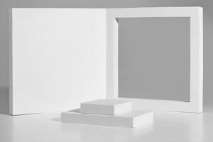 Podium mockup with two step platform in corner from square elements on gray background photo