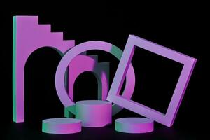 Purple cylindrical platforms, frames and arched stairs on black background photo