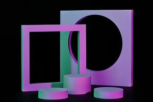 Purple cylindrical platforms and vertical frames on black background photo