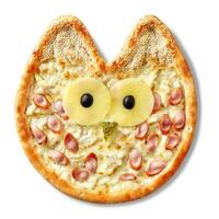 Funny owl-shaped pizza with cream cheese sauce, chicken, Vienna sausage, pineapple, olives, pickled cucumber and sesame photo