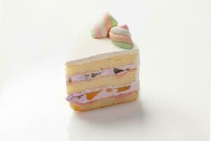 Slice of sponge cake with mascarpone cream, fruits and marshmallow photo