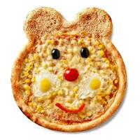 Funny bear-shaped pizza with pelati sauce, mozzarella, corn, cherry tomato, bell pepper, olives, quail eggs and sesame photo