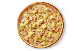 Pizza with cream cheese sauce, smoked chicken fillet and pineapple isolated on white photo