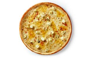 Pizza on thin dough with mozzarella, parmesan, blue cheese and feta on white background photo