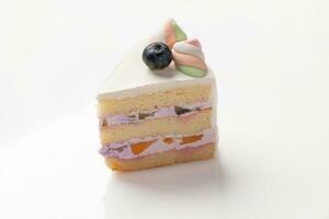 Slice of biscuit cake with mascarpone cream, fruits, marshmallow and blueberry photo