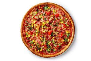 Pizza with hunting sausages, salami, canned corn, tomatoes and greens isolated on white photo