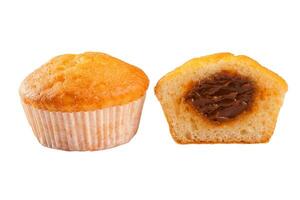 Freshly baked muffin with caramel filling isolated on white background photo