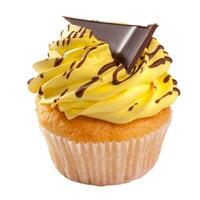 Vanilla cupcake with lemon whipped cream frosting and chocolate photo