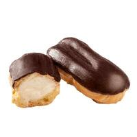 Choux pastry eclair with milk cream custard and chocolate glaze isolated on white photo