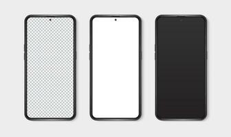 Realistic smartphone mockup set. Mobile phone blank, white, transparent screen design mock up. Isolated vector illustration