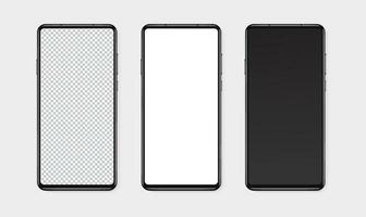 Realistic smartphone mockup set. Mobile phone blank, white, transparent screen design mock up. Isolated vector illustration