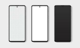 Realistic smartphone mockup set. Mobile phone blank, white, transparent screen design mock up. Isolated vector illustration