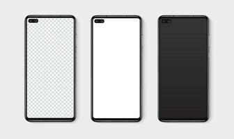 Realistic smartphone mockup set. Mobile phone blank, white, transparent screen design mock up. Isolated vector illustration