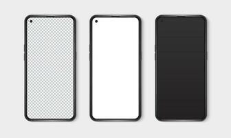 Realistic smartphone mockup set. Mobile phone blank, white, transparent screen design mock up. Isolated vector illustration