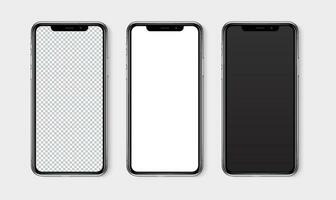 Realistic smartphone mockup set. Mobile phone blank, white, transparent screen design mock up. Isolated vector illustration