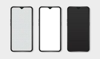 Realistic smartphone mockup set. Mobile phone blank, white, transparent screen design mock up. Isolated vector illustration