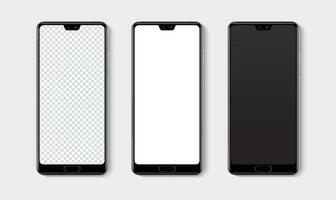 Realistic smartphone mockup set. Mobile phone blank, white, transparent screen design mock up. Isolated vector illustration