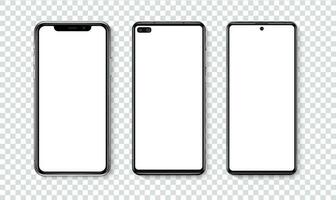 alto calidad realista de moda teléfono inteligente con blanco blanco pantalla. teléfono Bosquejo para visual ui ux aplicación demostración. vector móvil conjunto dispositivo concepto