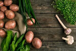 Raw potatoes in a linen bag, green onion, greens and garlic, food background, top view photo