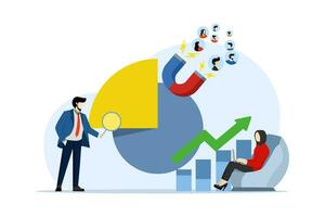 Business strategy and customer attraction concept. success in building an entrepreneurial team. customer attraction campaigns, accurate promos, advertising. sales generation. flat vector illustration.