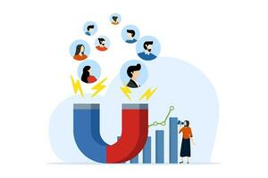 Business strategy and customer attraction concept. success in building an entrepreneurial team. customer attraction campaigns, accurate promos, advertising. sales generation. flat vector illustration.
