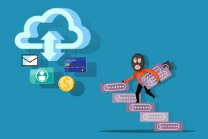 hacker robar monedas y datos desde red dispositivo, ciber seguridad concepto. vector