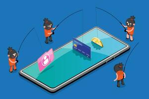 Hacker Fishing Coins and Data from Mobile Phone, Cyber Security Concept. vector