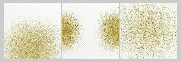 Set of three gold glitter confetti backdrops isolated on white backgrounds. Celebratory texture with shining light effect. Vector illustration.