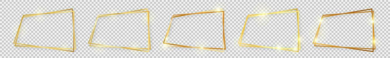 Set of five double gold shiny rectangular frames with glowing effects and shadows on background. Vector illustration