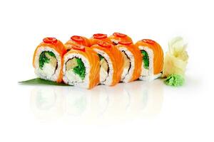 Rolls with salmon, eel, tamago omelet, cream cheese, hiyashi wakame and chili pepper photo