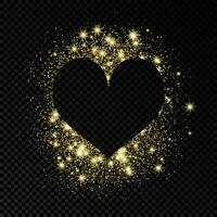 Heart shape frame with golden glitter on dark background. Greeting card with empty dark background. Vector illustration.